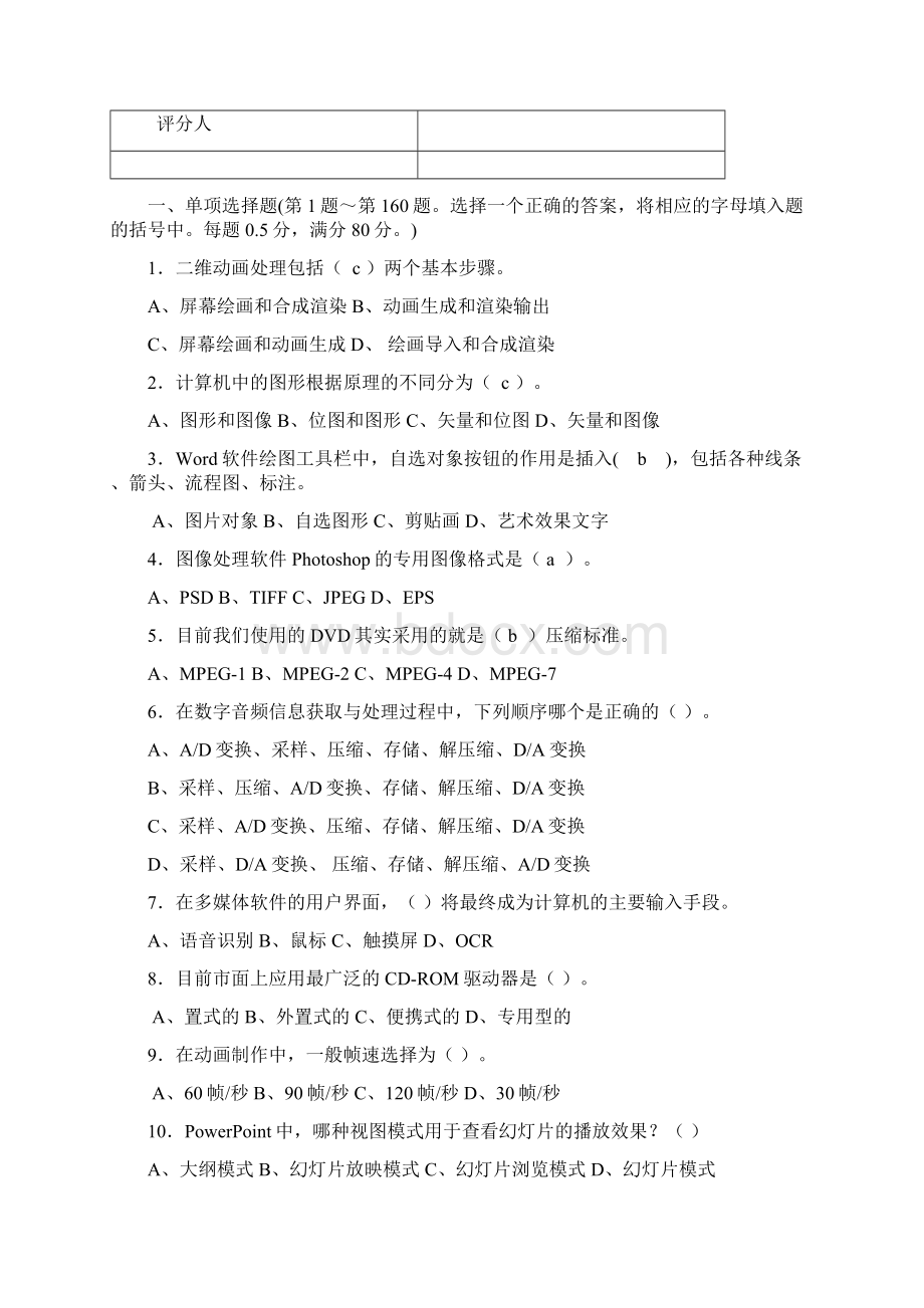 多媒体制作员试题200题Word下载.docx_第2页