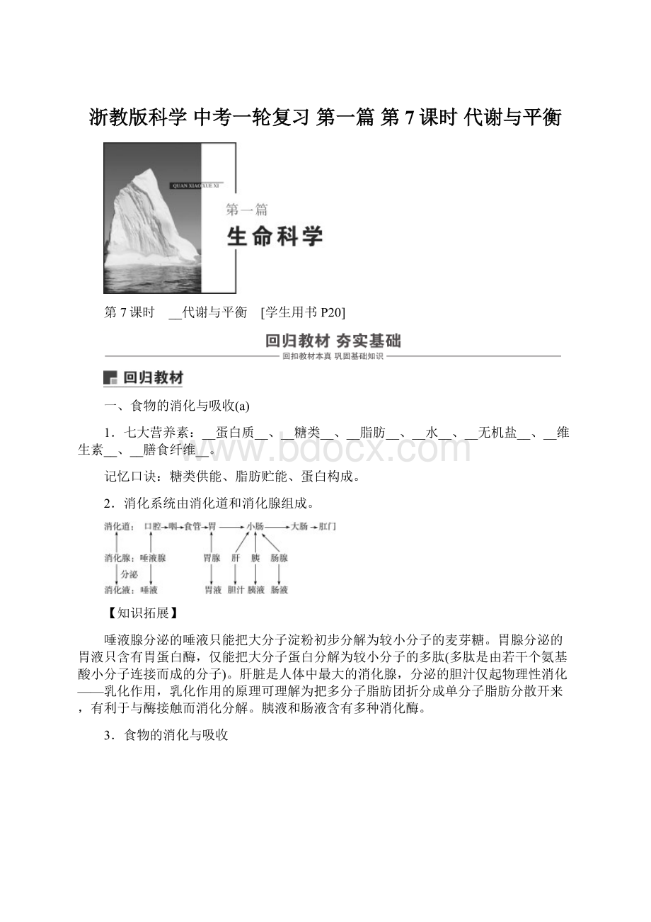 浙教版科学 中考一轮复习 第一篇 第7课时 代谢与平衡Word格式文档下载.docx_第1页