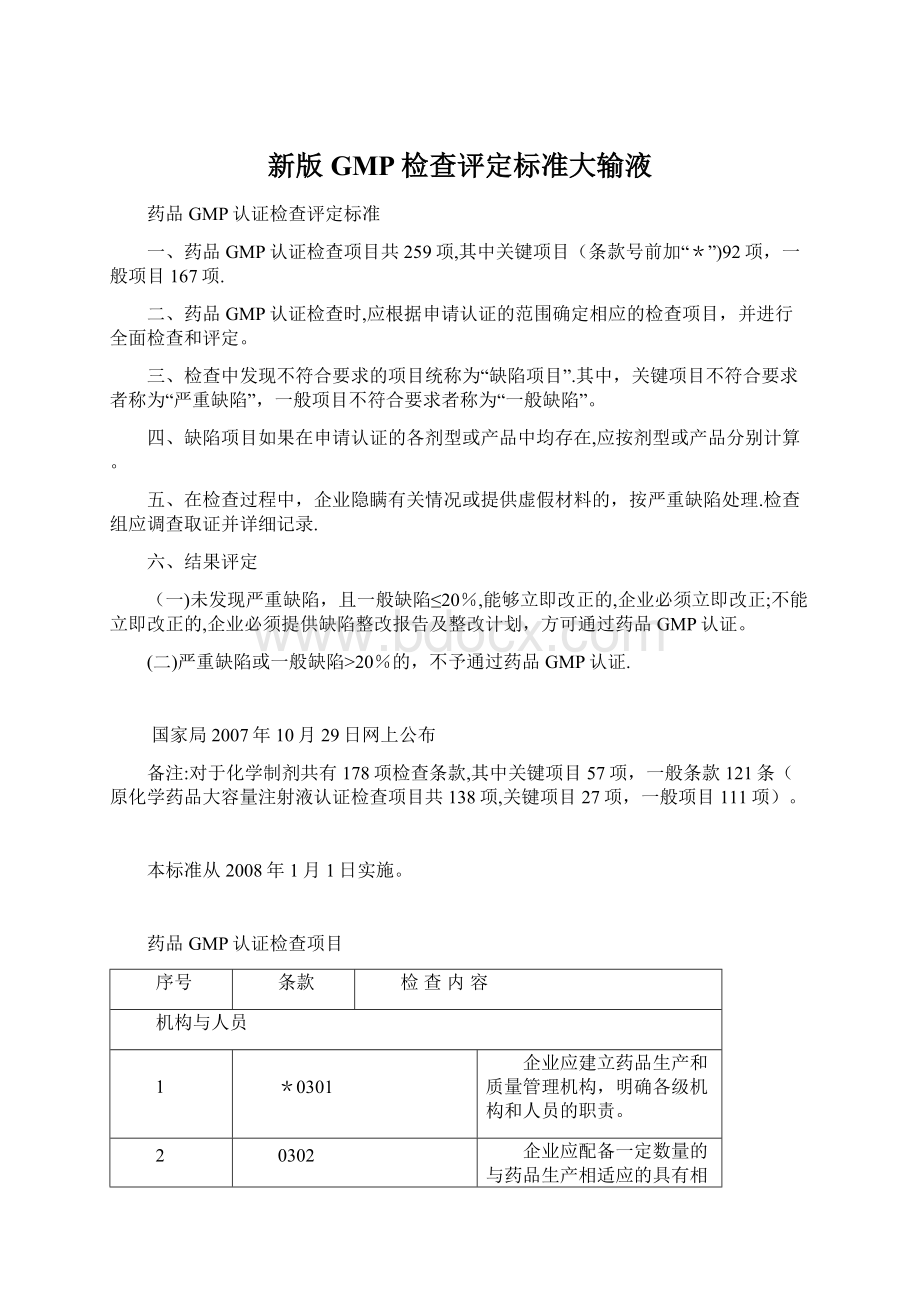 新版GMP检查评定标准大输液Word下载.docx