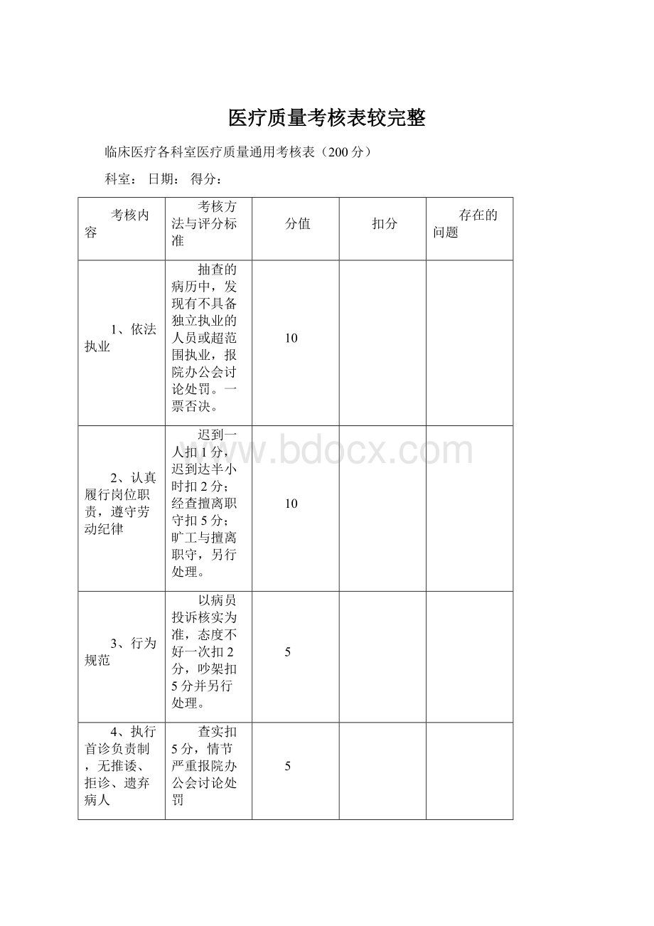 医疗质量考核表较完整Word下载.docx