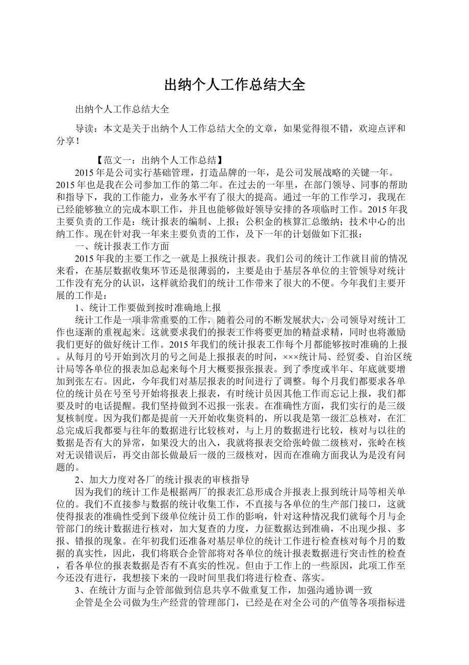 出纳个人工作总结大全.docx