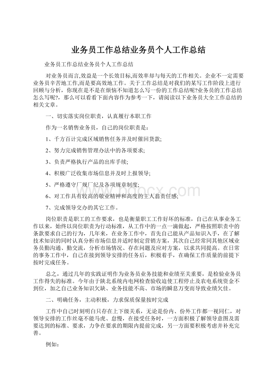 业务员工作总结业务员个人工作总结Word文档下载推荐.docx