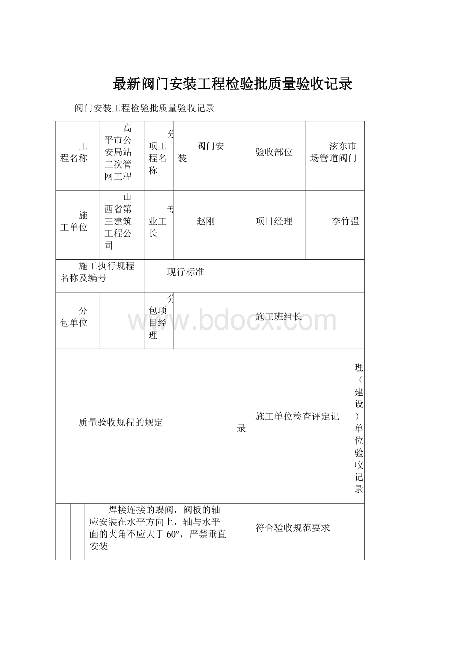 最新阀门安装工程检验批质量验收记录.docx_第1页