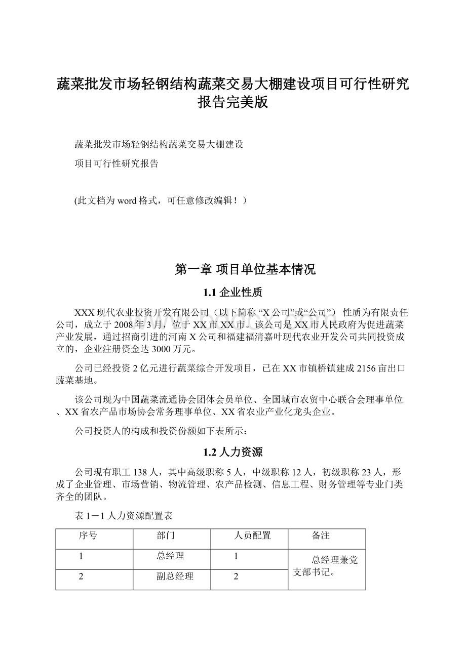 蔬菜批发市场轻钢结构蔬菜交易大棚建设项目可行性研究报告完美版文档格式.docx