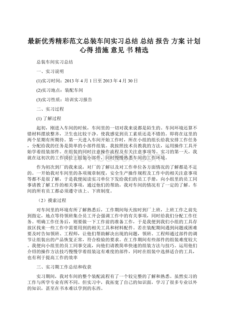 最新优秀精彩范文总装车间实习总结 总结 报告 方案 计划 心得 措施 意见 书 精选Word文档下载推荐.docx