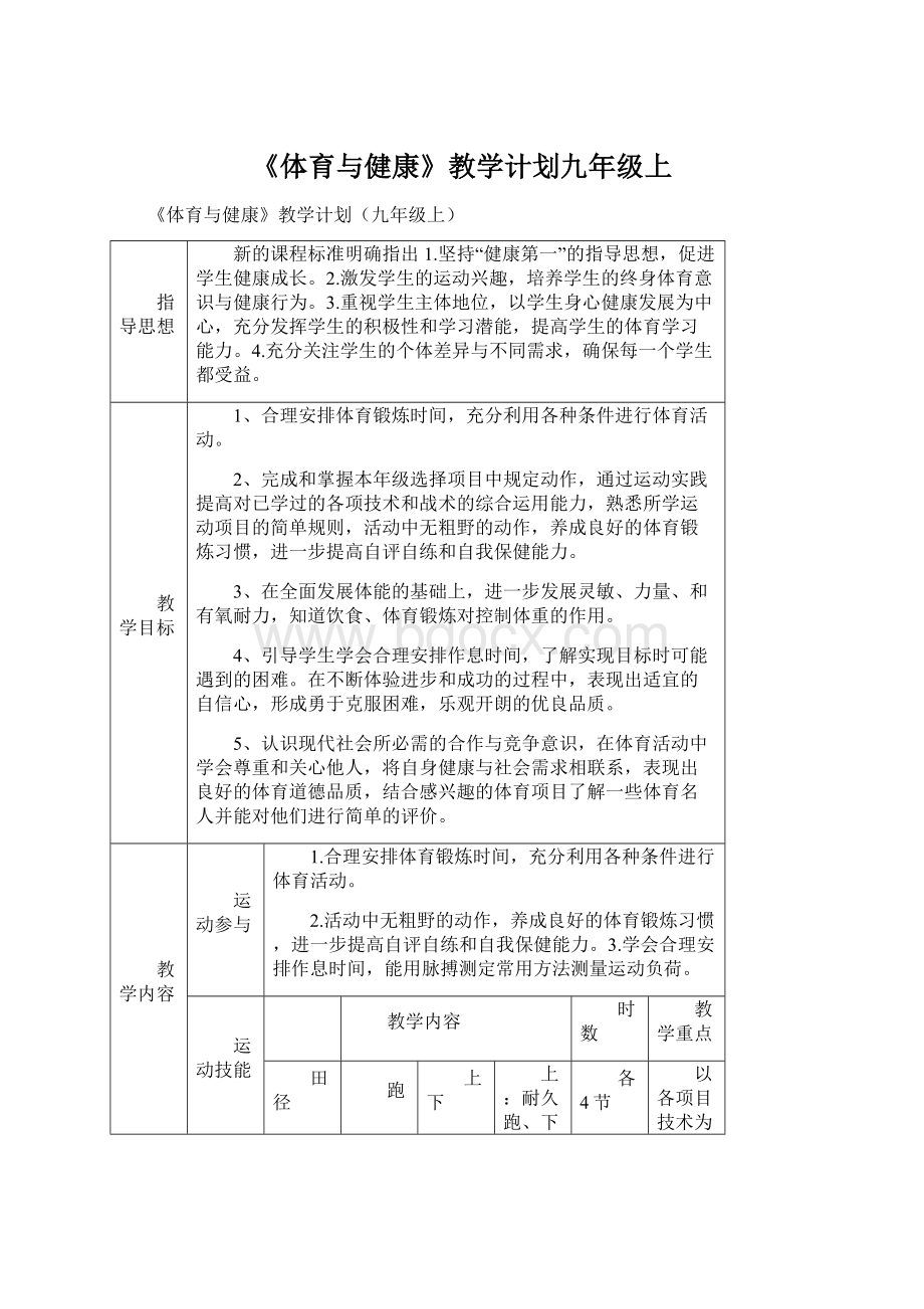 《体育与健康》教学计划九年级上Word文件下载.docx_第1页