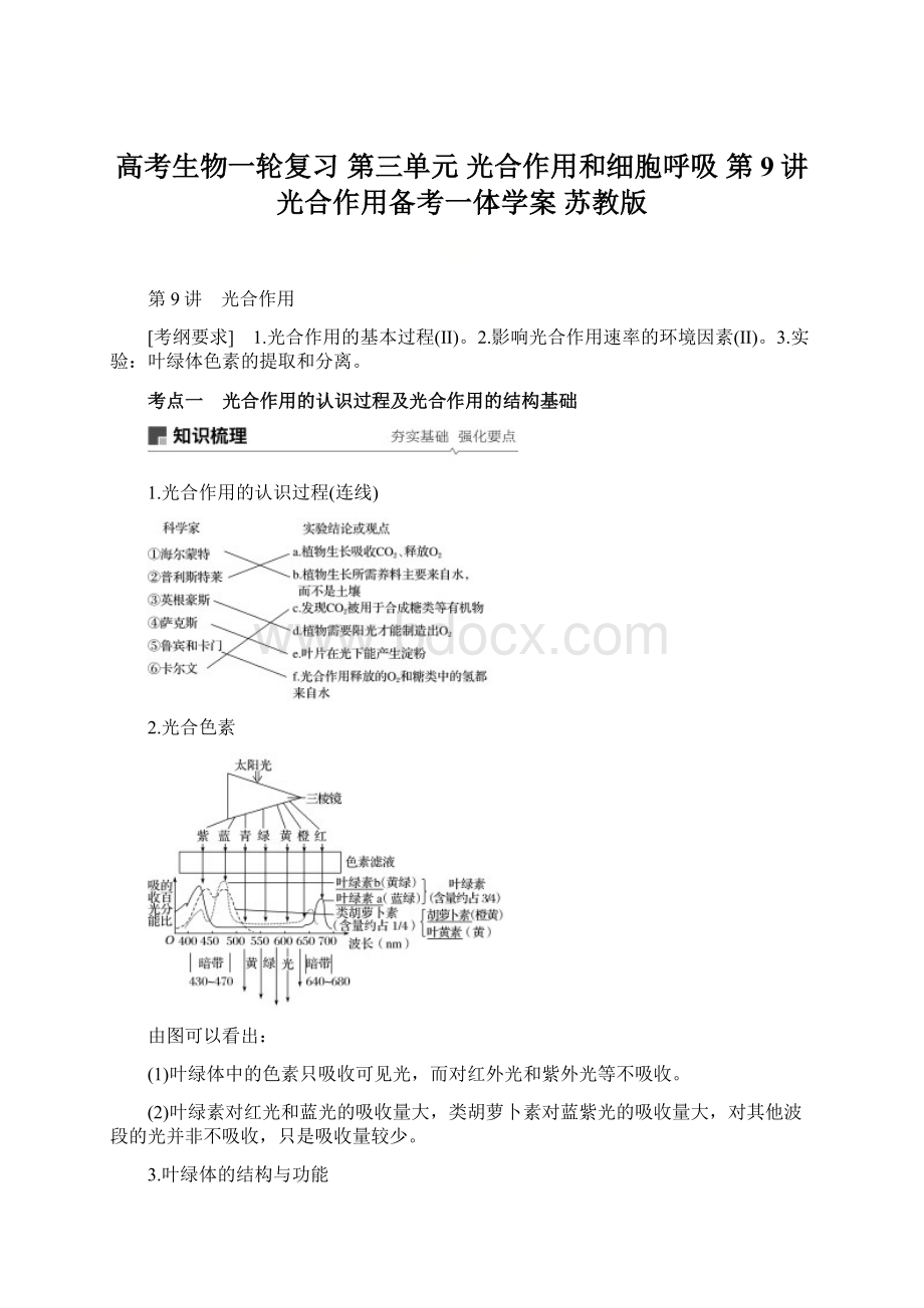 高考生物一轮复习 第三单元 光合作用和细胞呼吸 第9讲 光合作用备考一体学案 苏教版Word文档下载推荐.docx