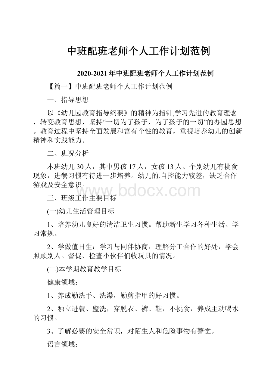 中班配班老师个人工作计划范例Word格式文档下载.docx