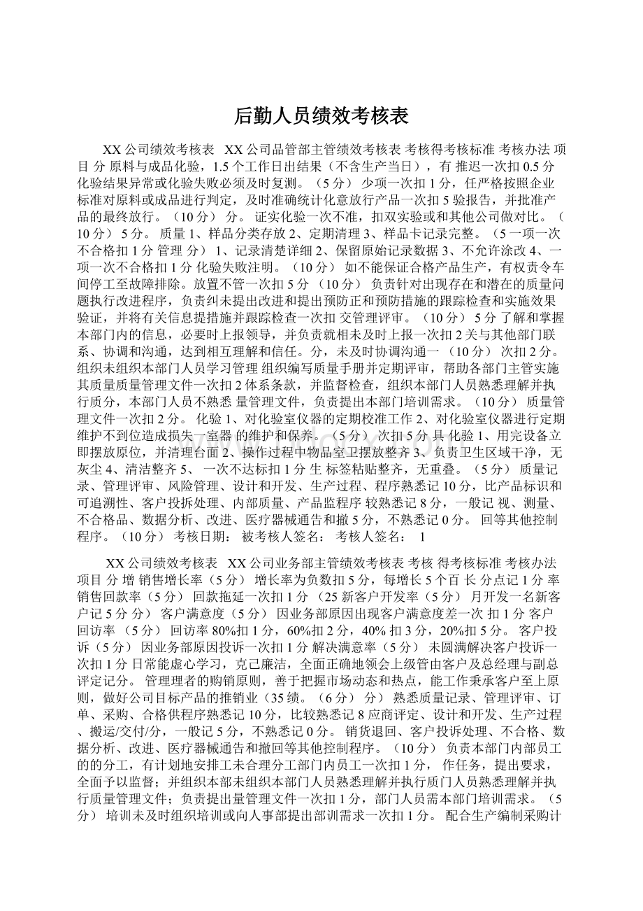 后勤人员绩效考核表Word格式文档下载.docx