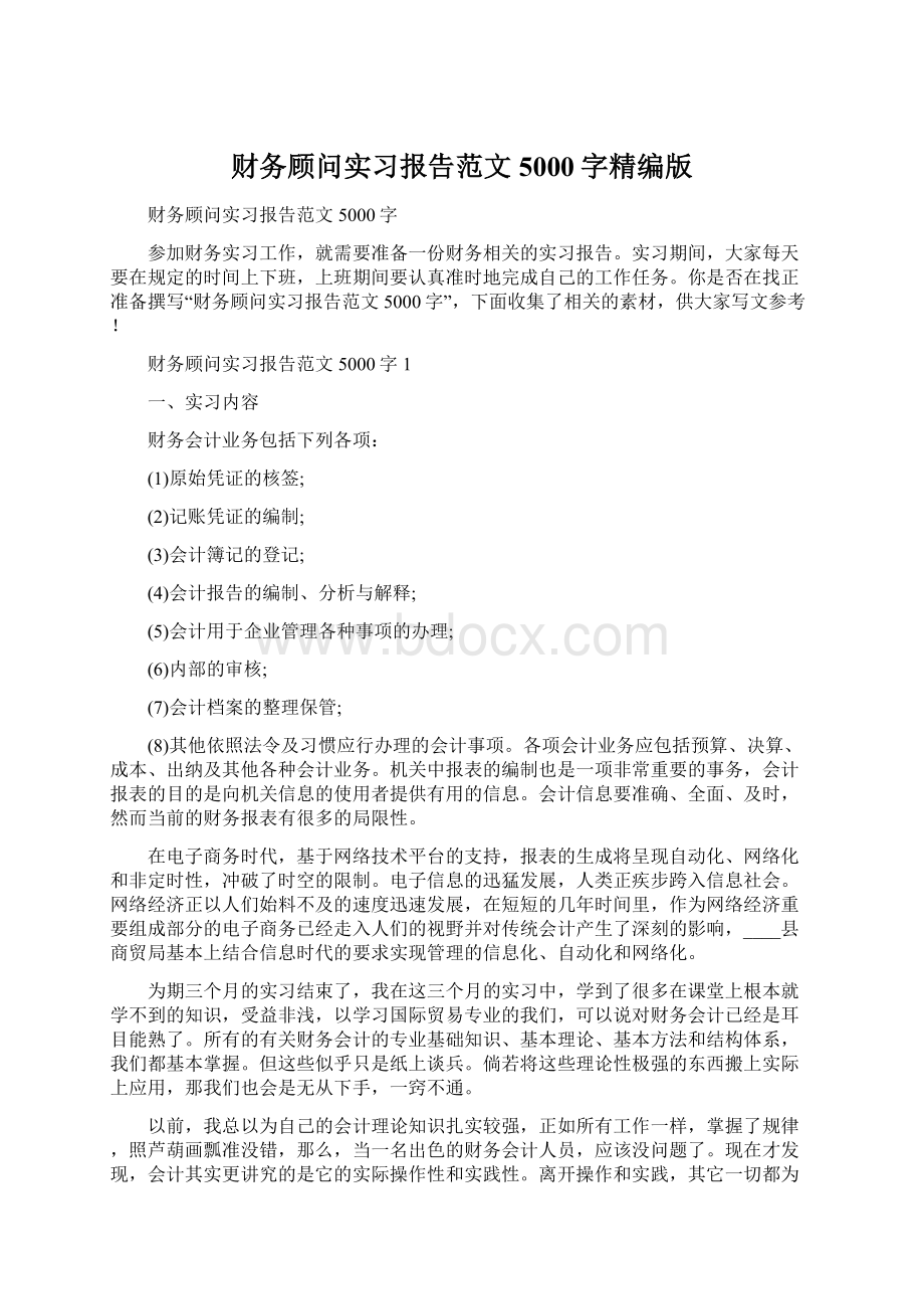 财务顾问实习报告范文5000字精编版Word下载.docx