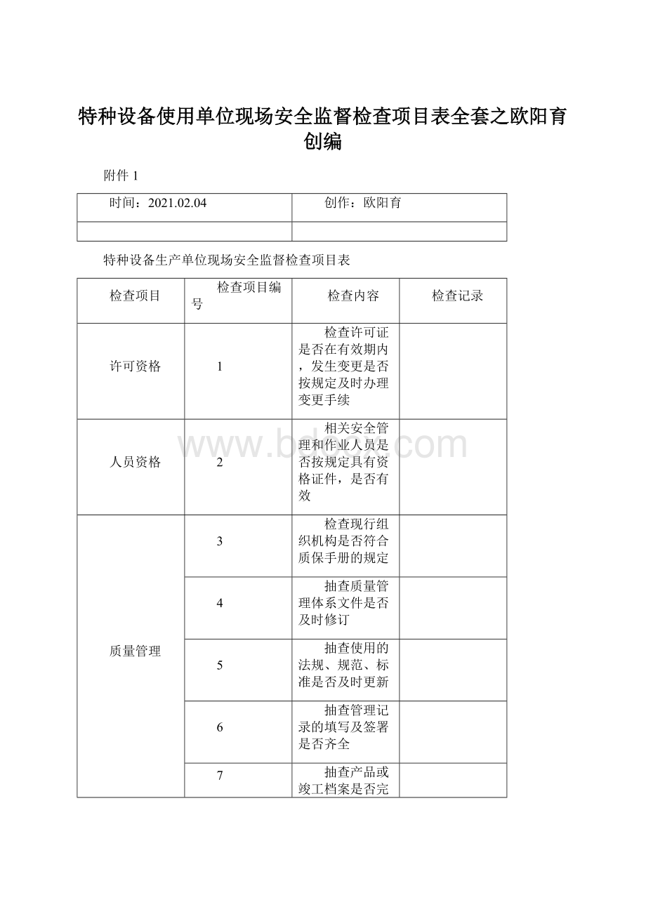 特种设备使用单位现场安全监督检查项目表全套之欧阳育创编.docx