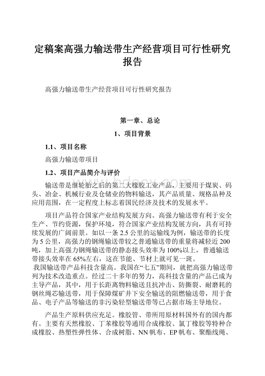 定稿案高强力输送带生产经营项目可行性研究报告Word文档下载推荐.docx