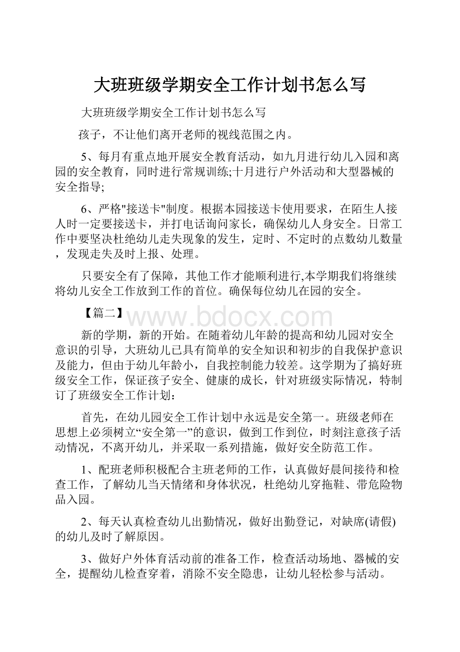 大班班级学期安全工作计划书怎么写文档格式.docx