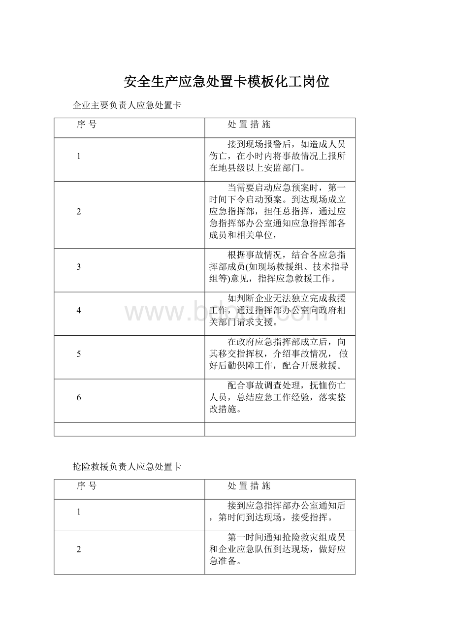 安全生产应急处置卡模板化工岗位文档格式.docx