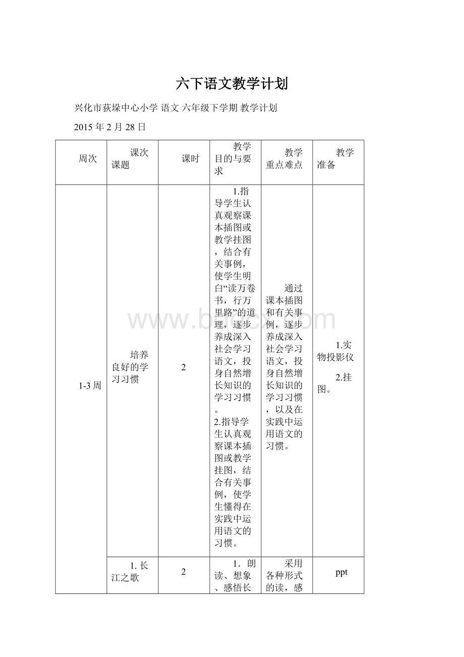 六下语文教学计划Word文档下载推荐.docx_第1页