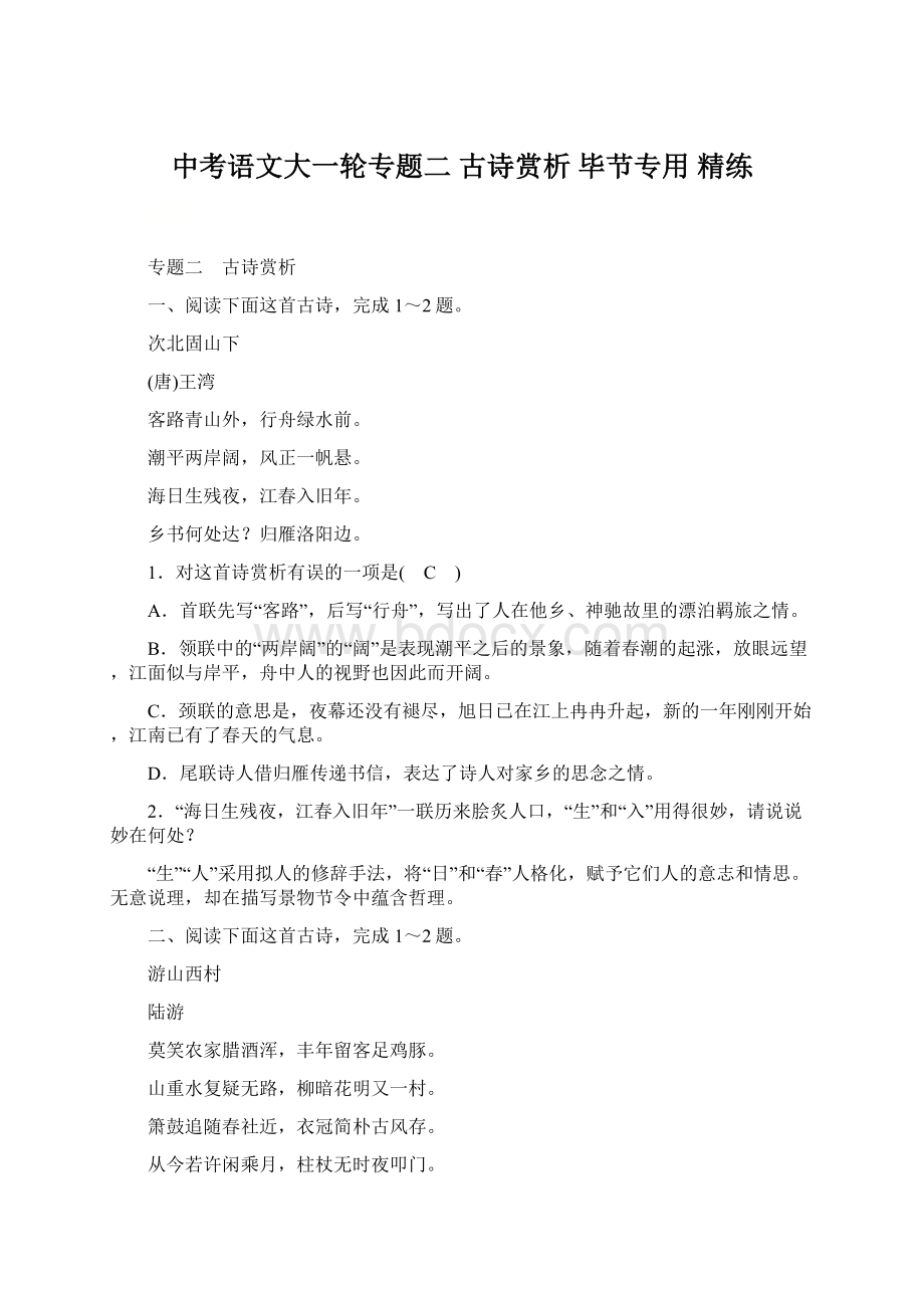 中考语文大一轮专题二 古诗赏析 毕节专用 精练.docx