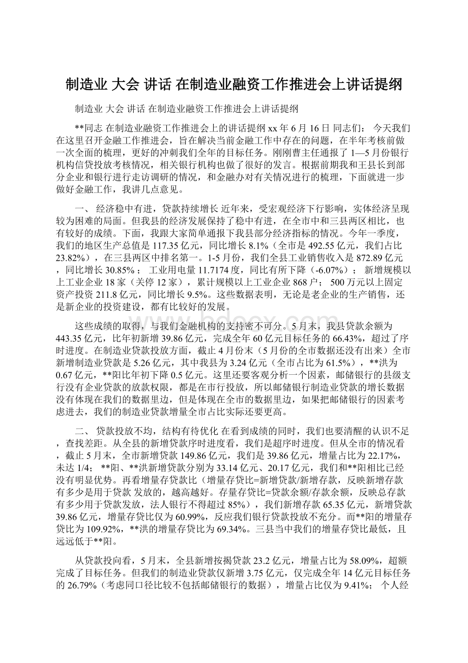 制造业 大会 讲话 在制造业融资工作推进会上讲话提纲Word下载.docx