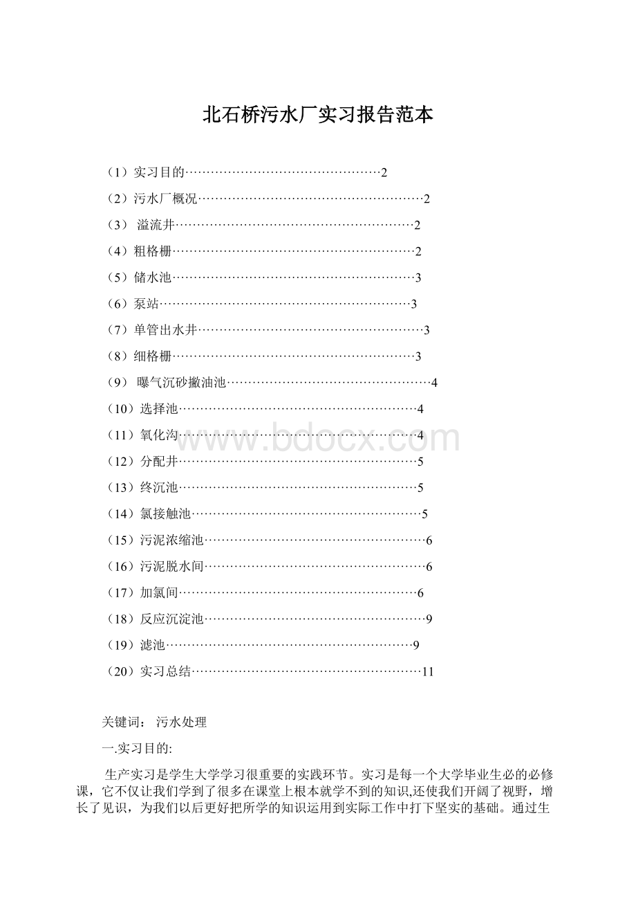 北石桥污水厂实习报告范本Word文档格式.docx