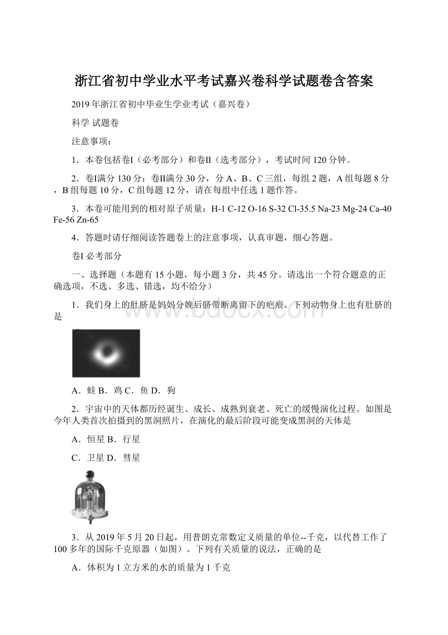 浙江省初中学业水平考试嘉兴卷科学试题卷含答案.docx