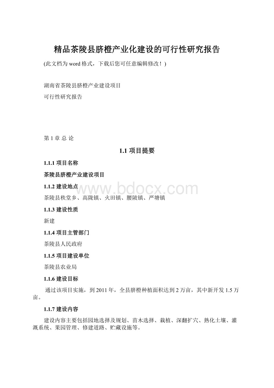 精品茶陵县脐橙产业化建设的可行性研究报告Word文档格式.docx