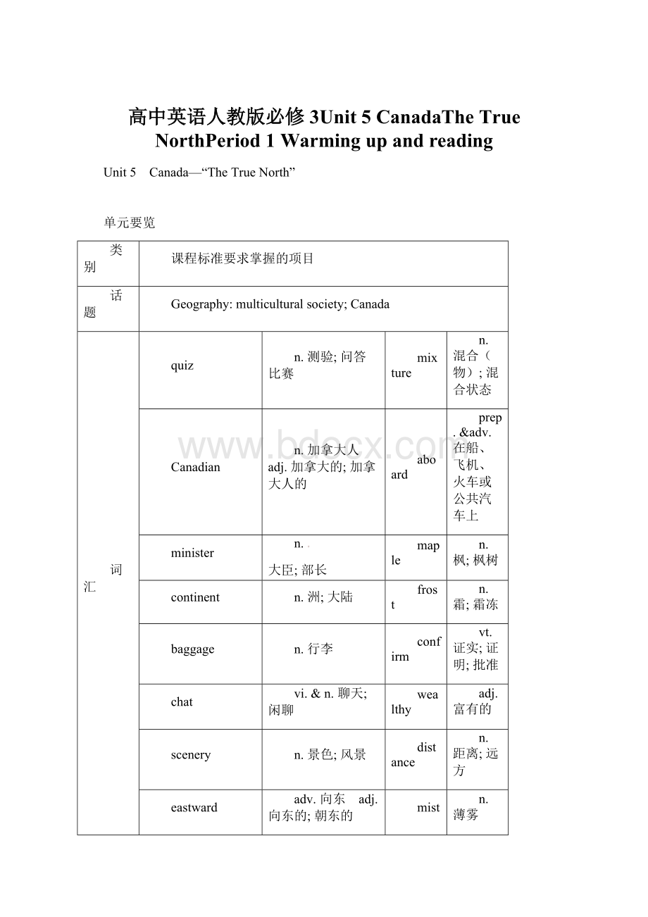 高中英语人教版必修3Unit 5 CanadaThe True NorthPeriod 1 Warming up and reading文档格式.docx