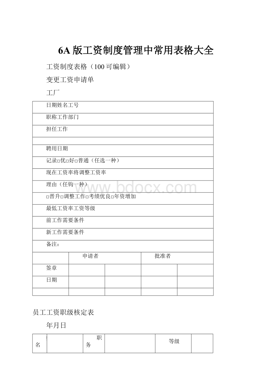 6A版工资制度管理中常用表格大全Word格式.docx