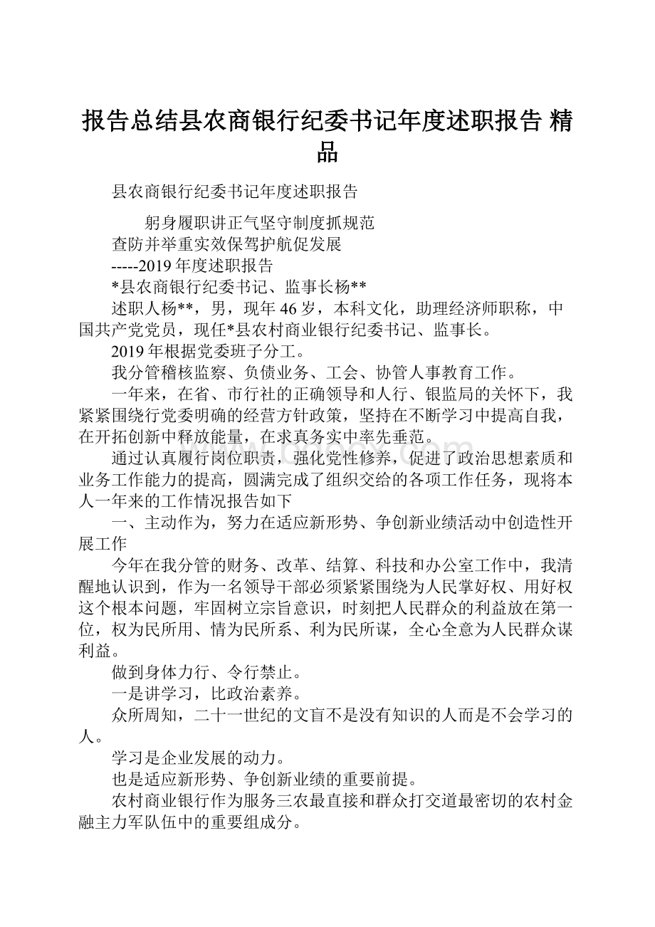 报告总结县农商银行纪委书记年度述职报告 精品Word文档格式.docx