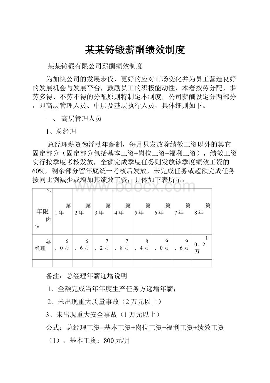 某某铸锻薪酬绩效制度Word文档下载推荐.docx