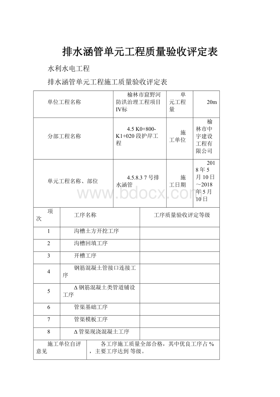 排水涵管单元工程质量验收评定表.docx