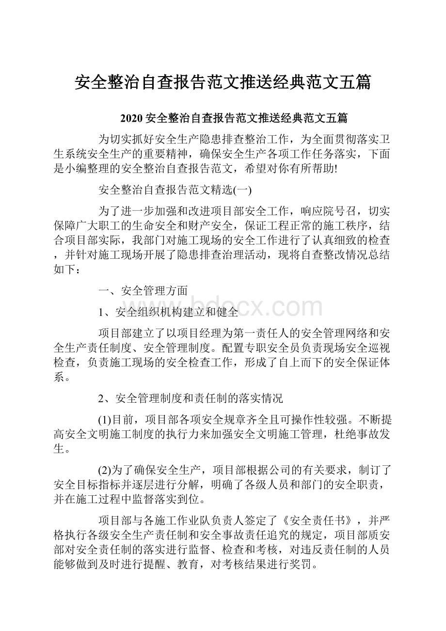 安全整治自查报告范文推送经典范文五篇.docx