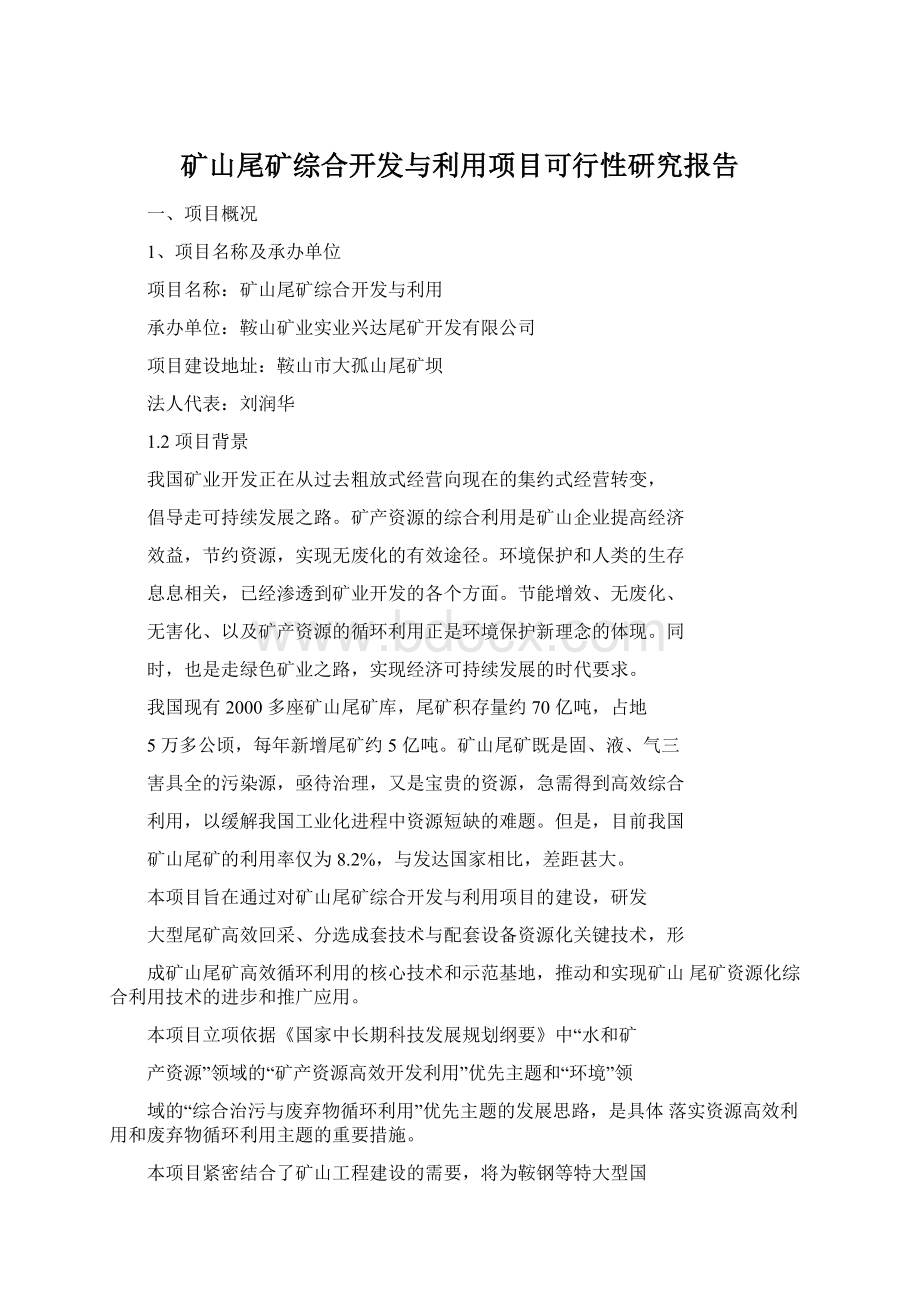 矿山尾矿综合开发与利用项目可行性研究报告Word格式文档下载.docx_第1页