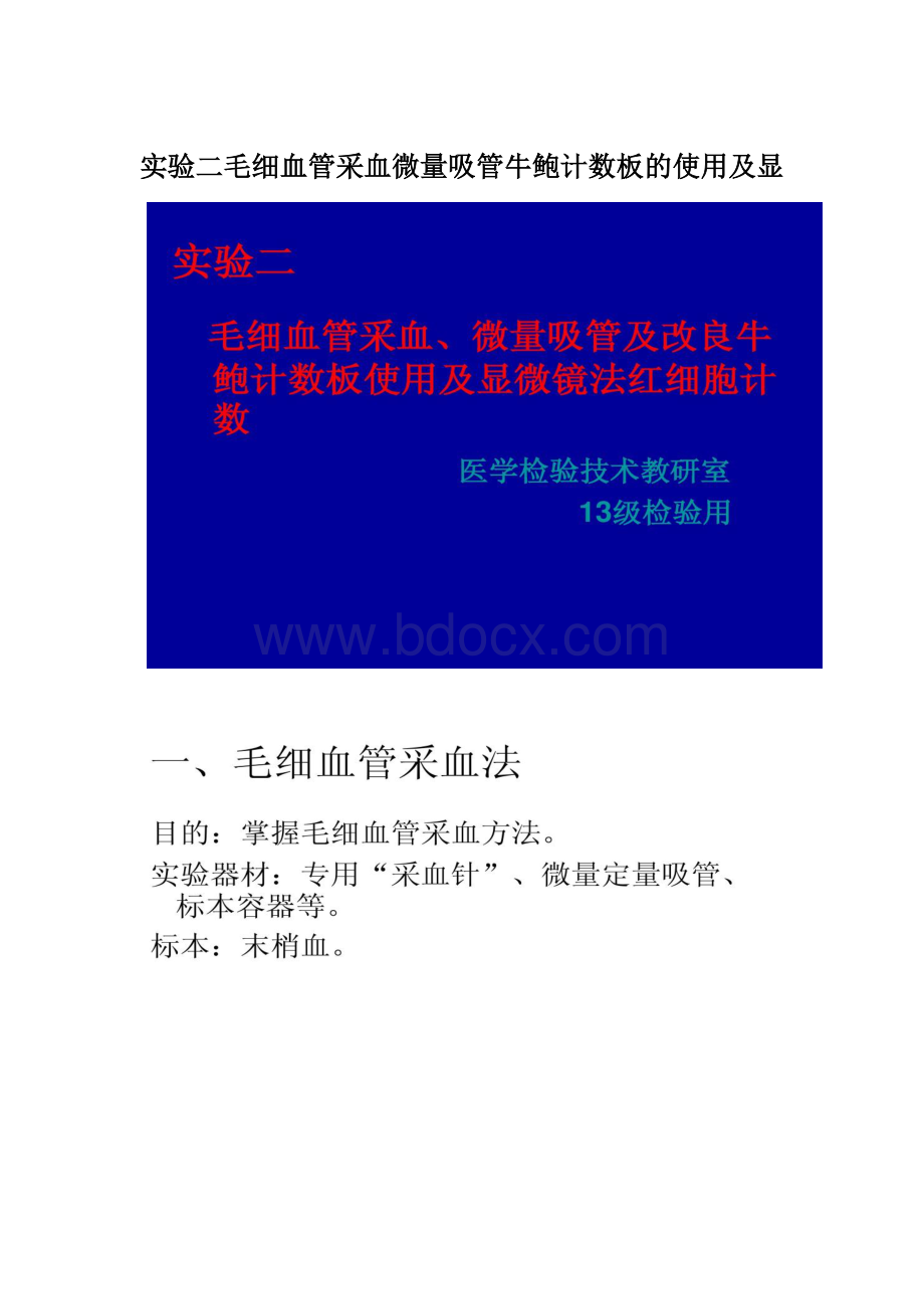 实验二毛细血管采血微量吸管牛鲍计数板的使用及显文档格式.docx