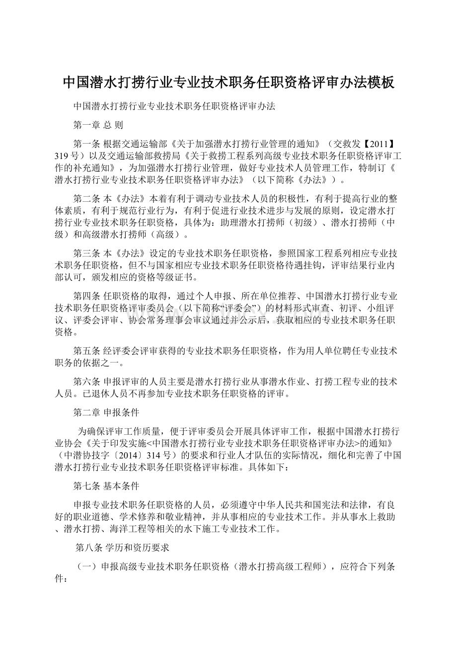 中国潜水打捞行业专业技术职务任职资格评审办法模板.docx_第1页