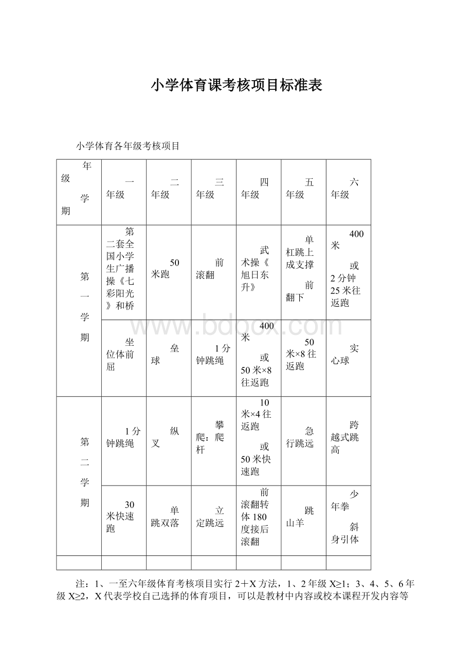 小学体育课考核项目标准表Word格式.docx