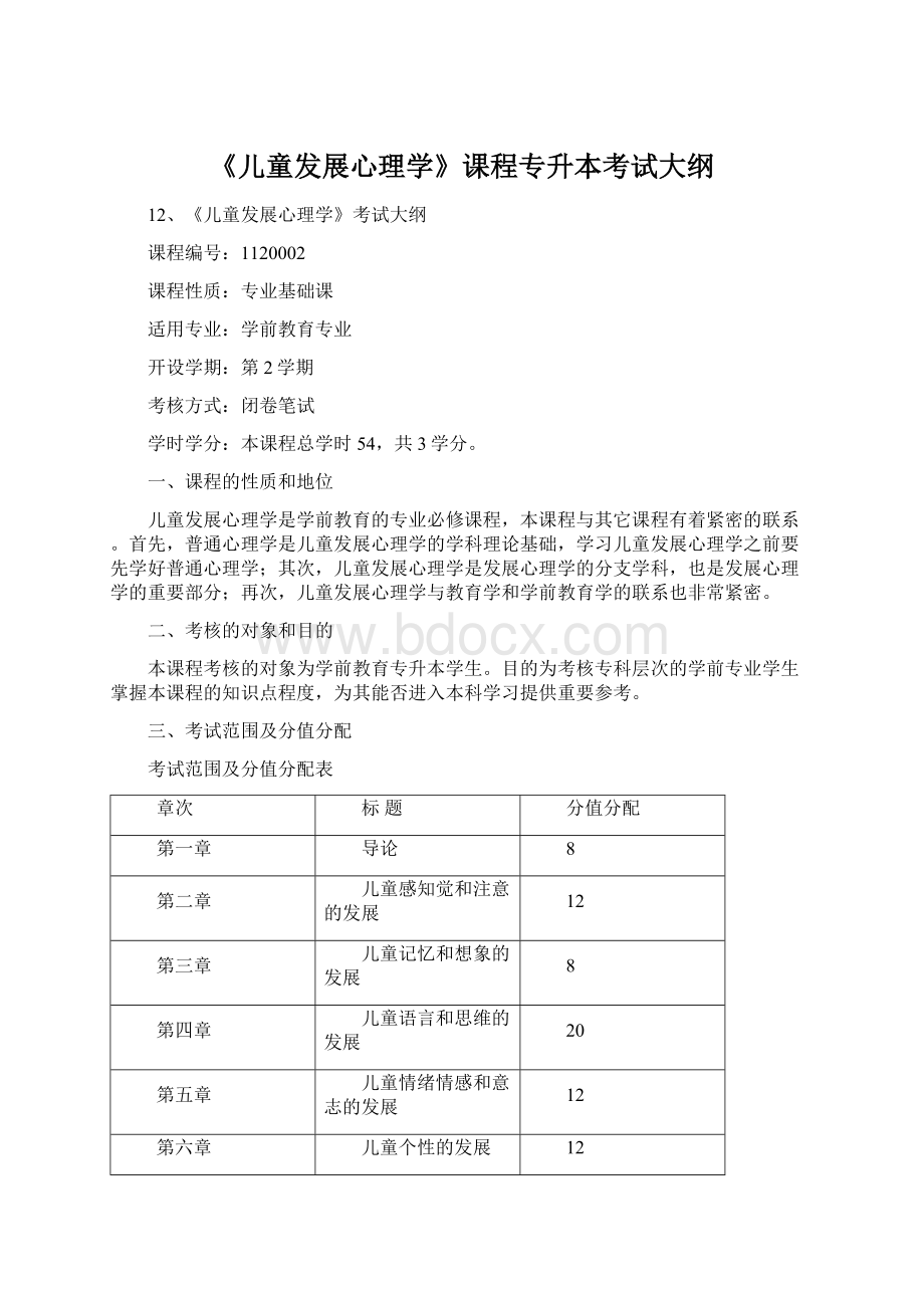 《儿童发展心理学》课程专升本考试大纲Word文档格式.docx