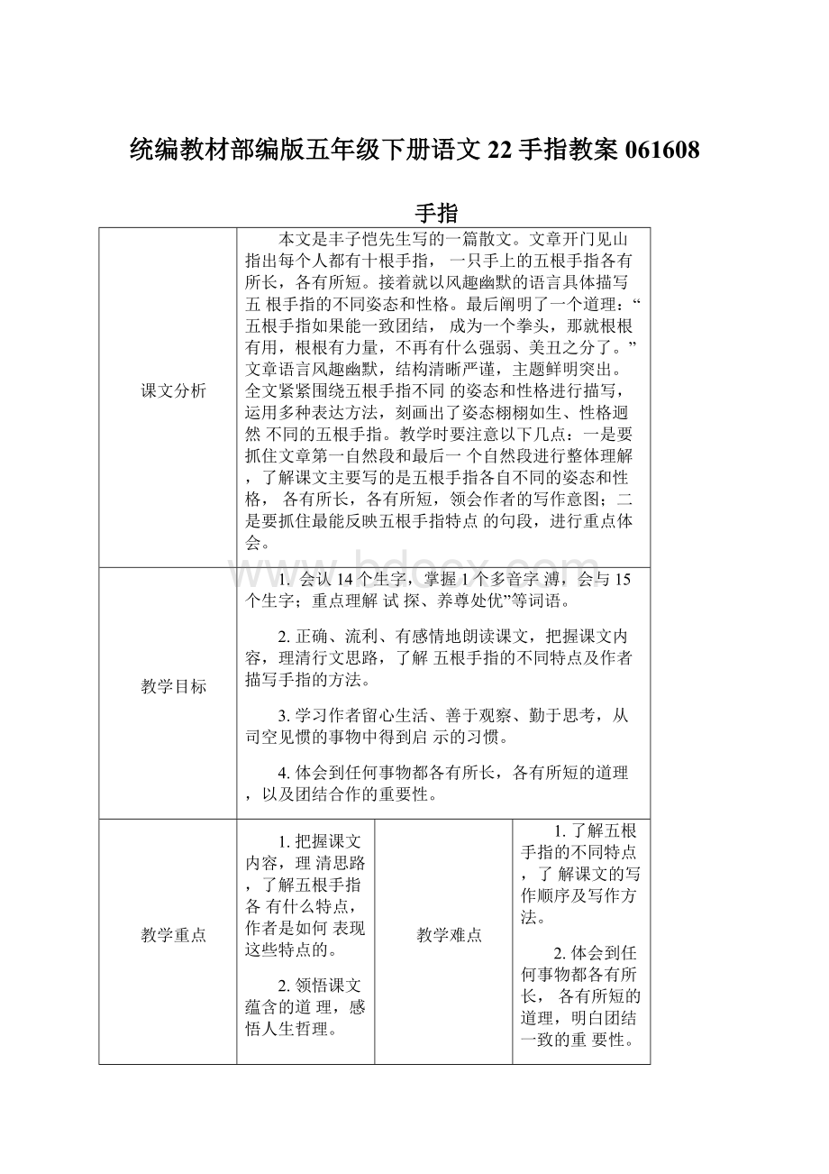 统编教材部编版五年级下册语文22手指教案061608Word文件下载.docx_第1页