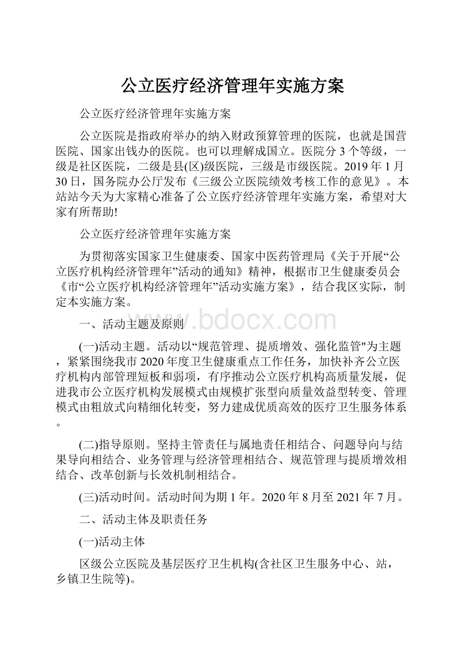 公立医疗经济管理年实施方案Word文件下载.docx