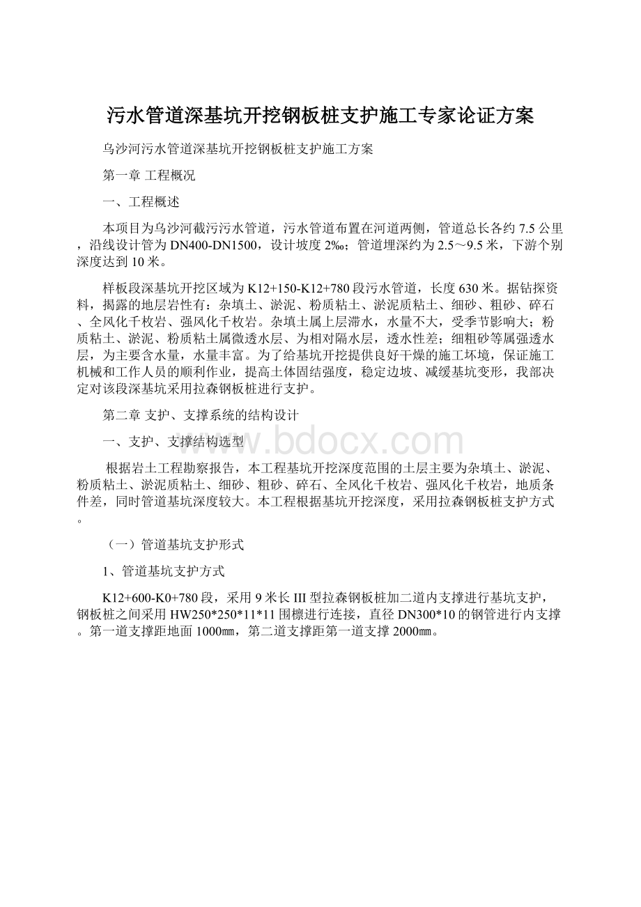 污水管道深基坑开挖钢板桩支护施工专家论证方案文档格式.docx