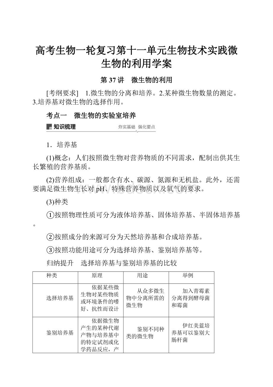 高考生物一轮复习第十一单元生物技术实践微生物的利用学案Word格式文档下载.docx