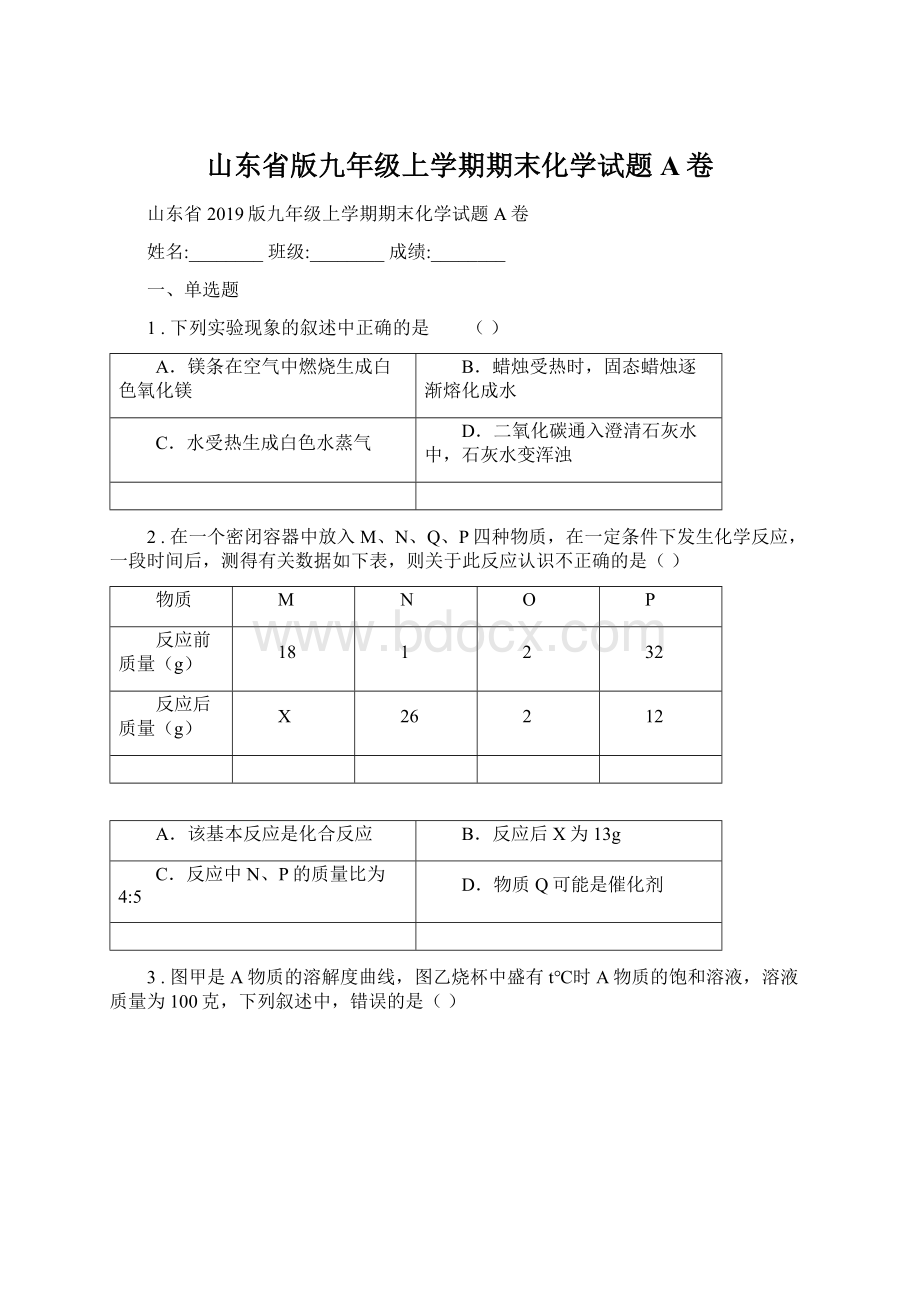 山东省版九年级上学期期末化学试题A卷文档格式.docx