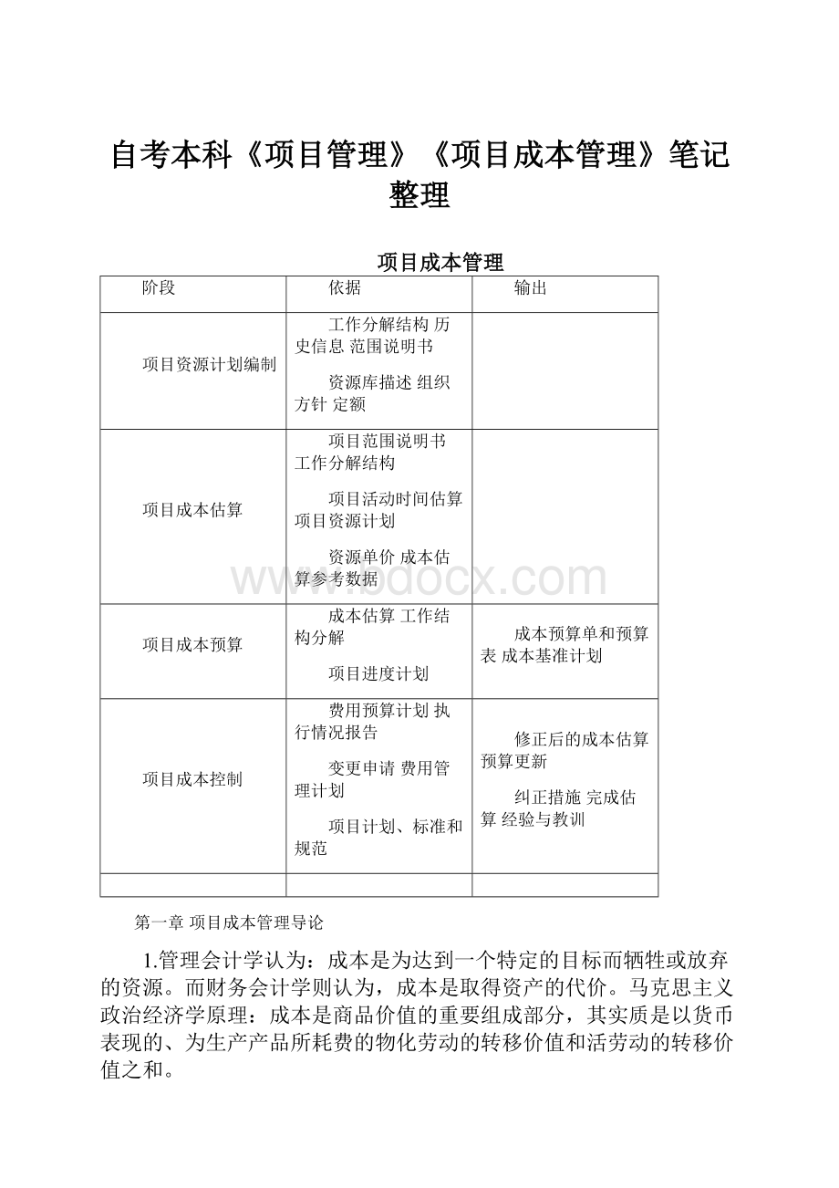 自考本科《项目管理》《项目成本管理》笔记整理.docx