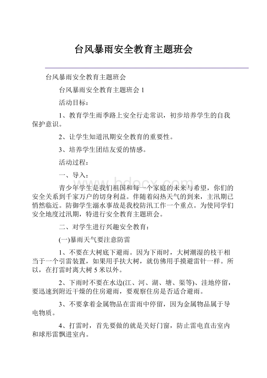 台风暴雨安全教育主题班会文档格式.docx