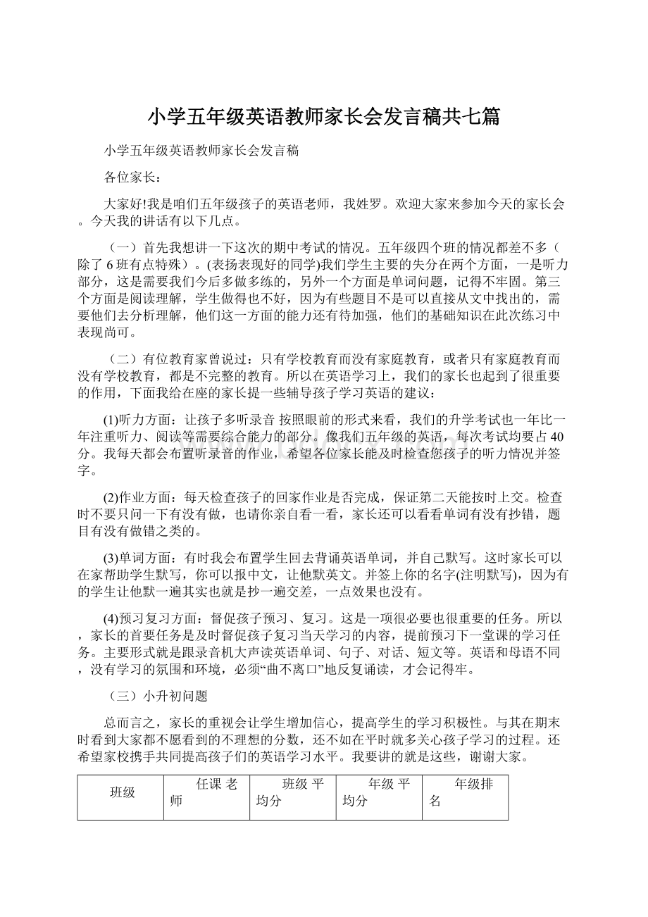 小学五年级英语教师家长会发言稿共七篇Word格式.docx