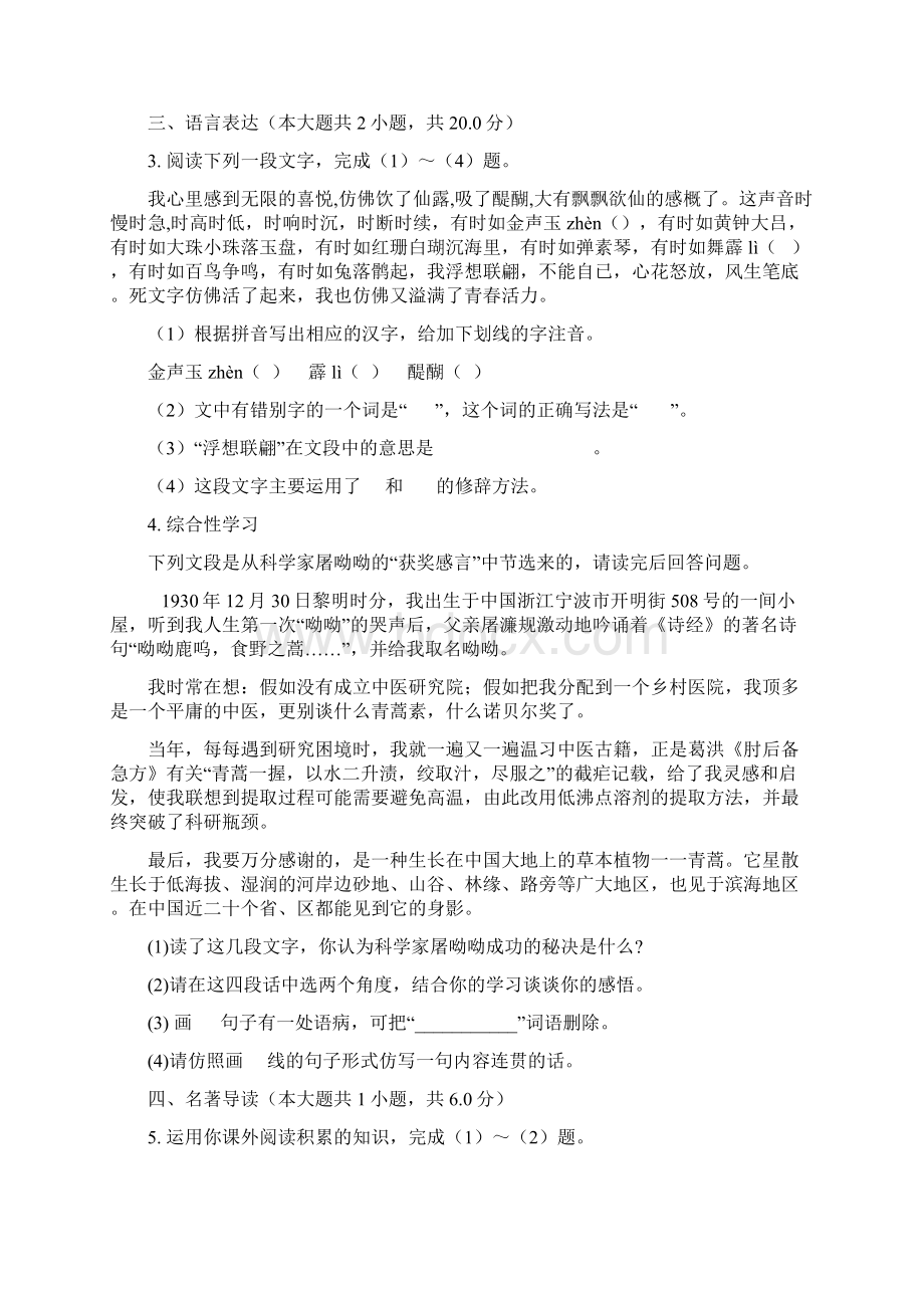 第二学期九年级第二次质量检测语文含答案.docx_第3页