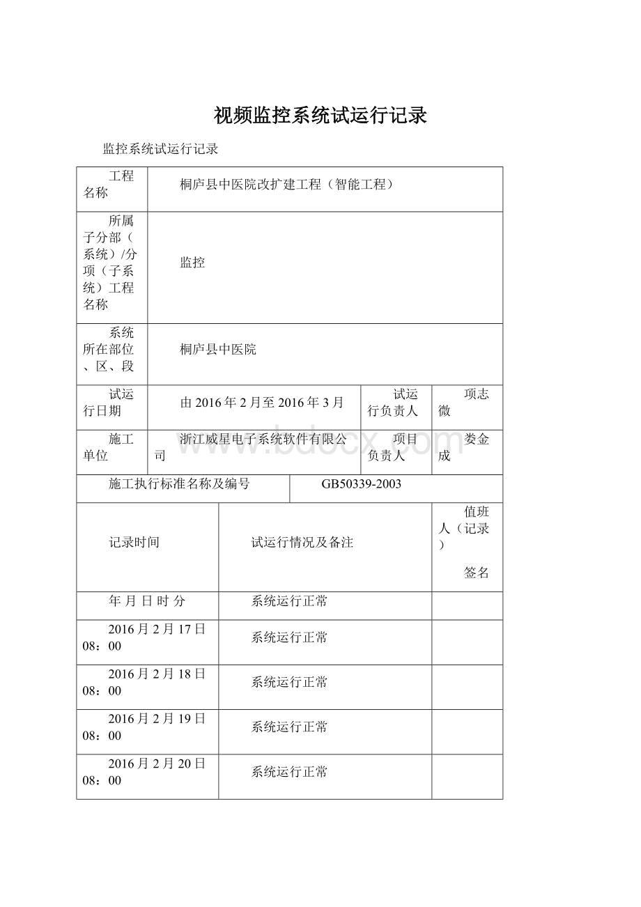 视频监控系统试运行记录.docx_第1页