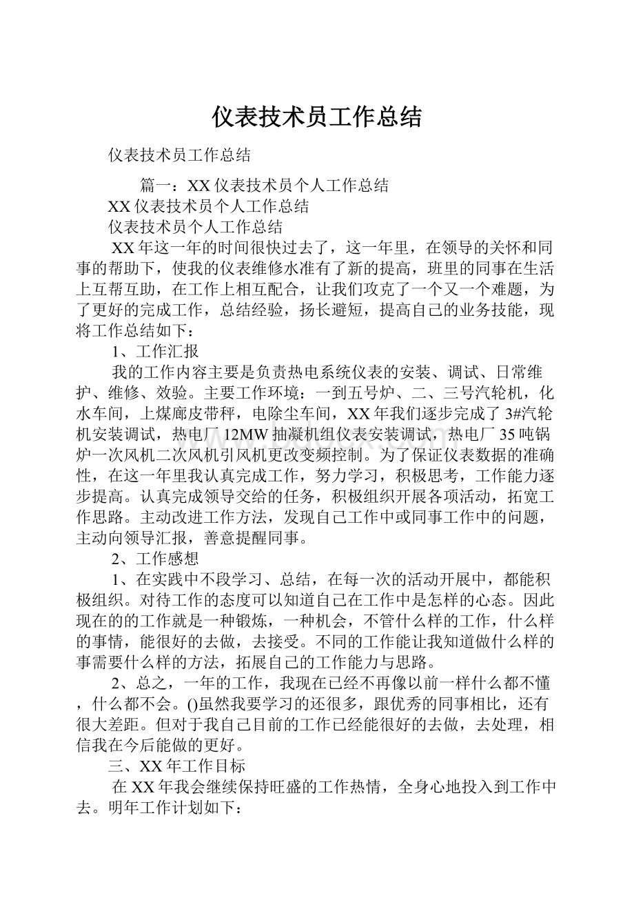 仪表技术员工作总结文档格式.docx_第1页