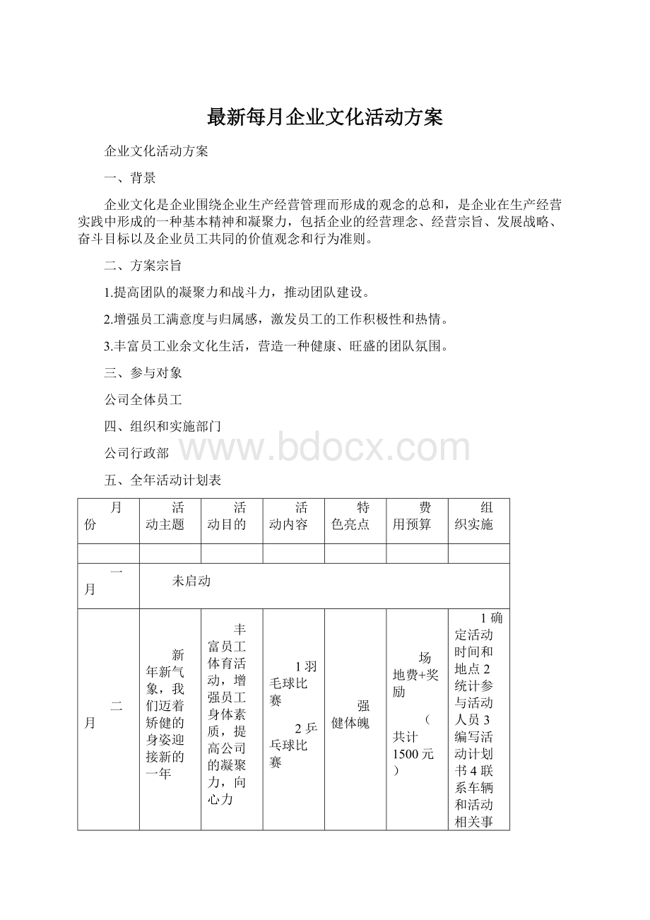 最新每月企业文化活动方案Word文档下载推荐.docx_第1页