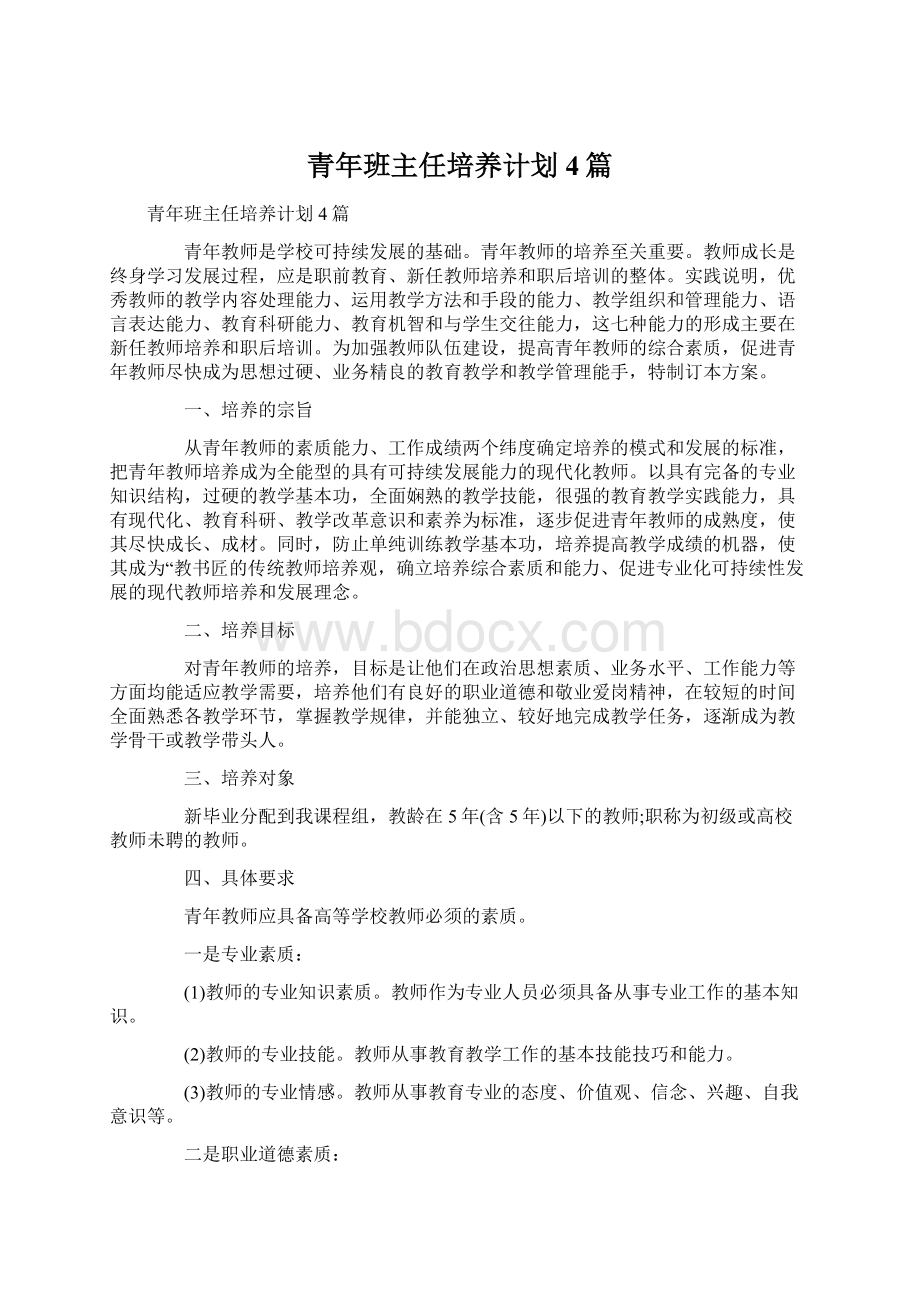 青年班主任培养计划4篇Word文档下载推荐.docx_第1页