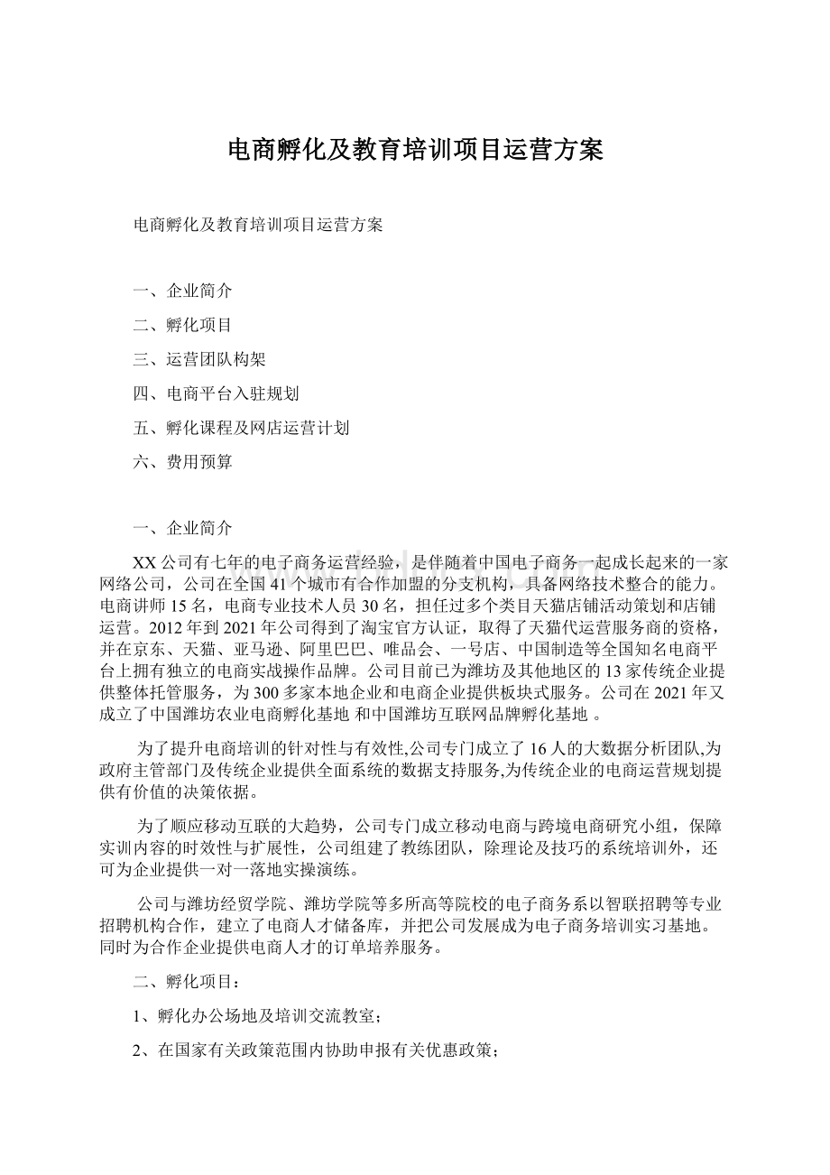 电商孵化及教育培训项目运营方案.docx