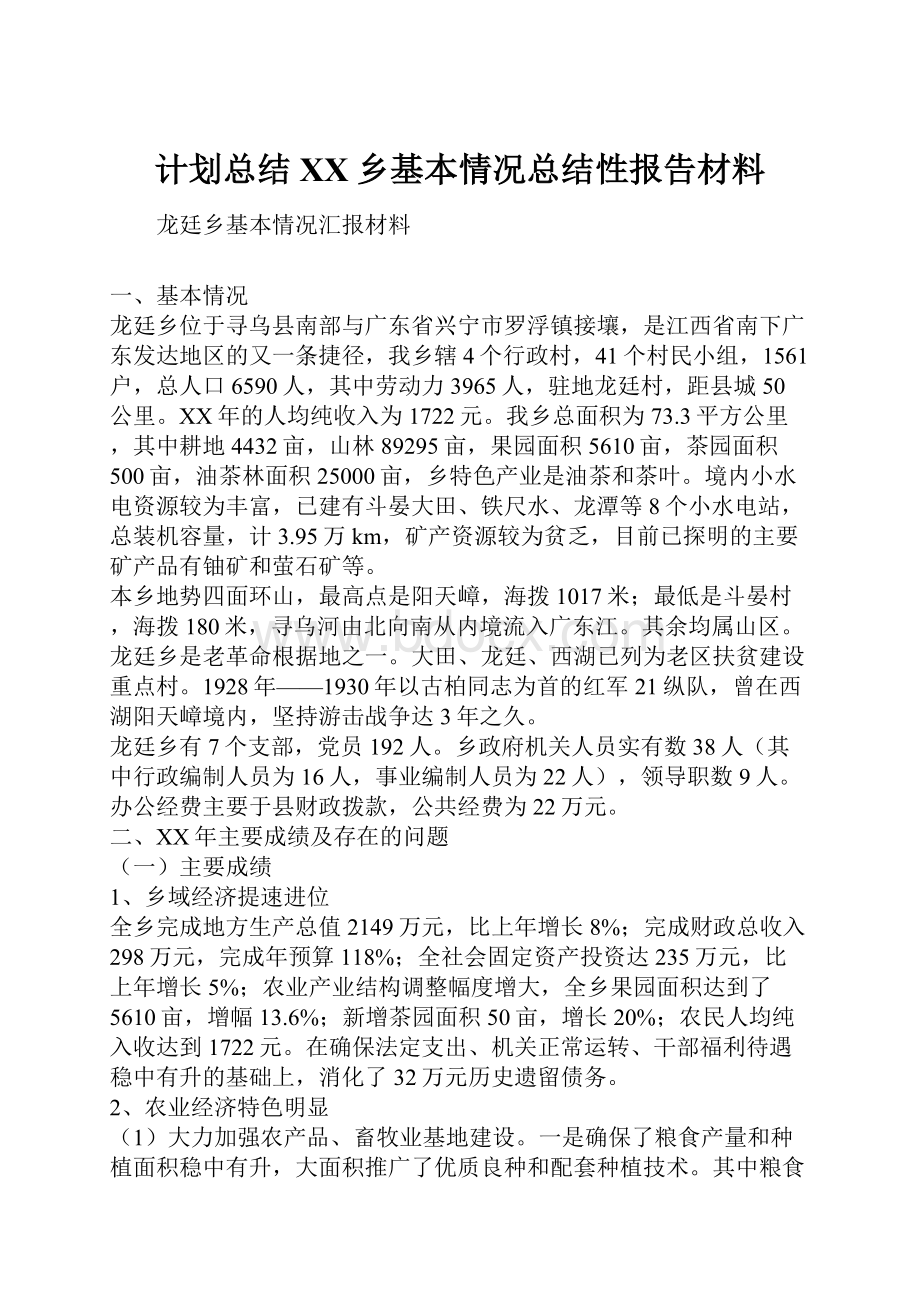 计划总结XX乡基本情况总结性报告材料.docx